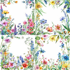 Watercolor frame of colorful spring wildflowers. for designing invitations, greeting cards and wallpapers.