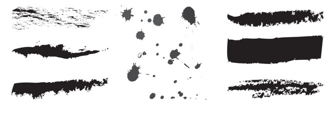 Set of paint brush stroke, ink splatter and artistic design elements. Ink splashes. Rough smears and stains. High quality manually traced. Drops blots isolated. Vector brush stroke set