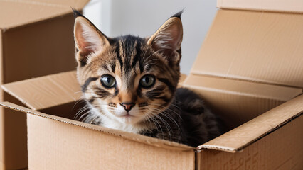 Cute tabby cat in a cardboard box erative ai