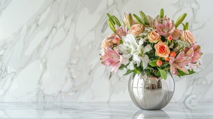 Bouquet of mixed flowers including roses and lilies in a shiny silver vase, placed on a marble surface against a marble background. Luxury table centerpiece with roses and lilies in metallic vase.