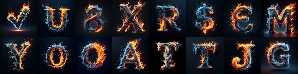 Fototapeta premium Lettering Typeface That Blends water and fire. AI generated illustration