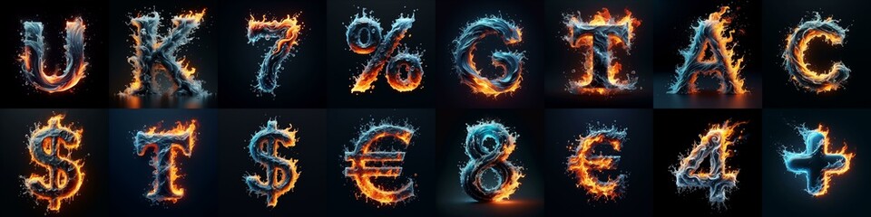Lettering Typeface That Blends water and fire. AI generated illustration