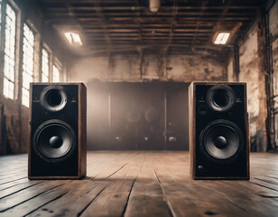Old warehouse with speakers party invitation  - obrazy, fototapety, plakaty