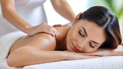 Fototapeta na wymiar Woman with good skin receiving a massage generative ai