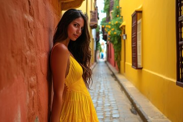 Fototapeta premium Captivating Cartagena: The Allure of Women in Yellow Dresses Illuminating the Picturesque Cobblestone Streets of this Charming Colombian City.