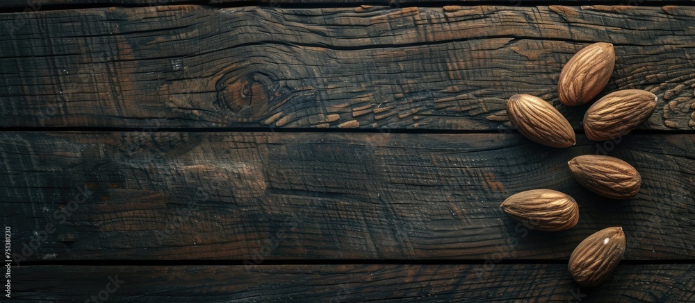 Poster a variety of nuts, including almonds, walnuts, and pecans, are neatly arranged on a rustic wooden su