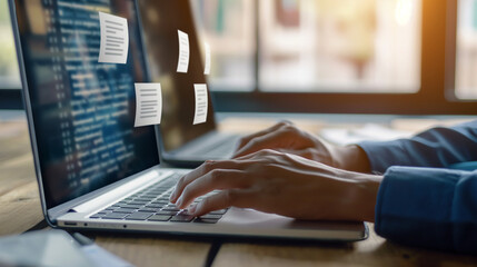 Businessman using a computer to document management concept, online documentation database and digital file storage system or software, records keeping, database technology, file access, doc sharing.