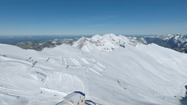 Snowy Swiss Alps in Winter, Panoramic Mountain Drone Shot over Rochers-de-Naye, Switzerland