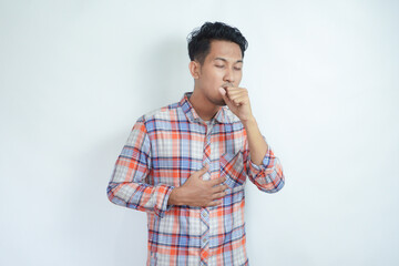 Man coughing on white background. Cold symptoms