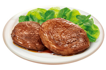 file de carne bovina assado acompanhado de salada de folhas verdes isolado em fundo transparente