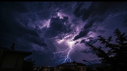 Fototapeta premium Lightning Strike in the dark sky over the city. Lightning storm over city in purple light