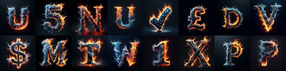 Fototapeta premium Lettering Typeface That Blends water and fire. AI generated illustration