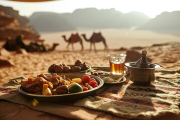 Breakfast in the Sands Riding Camels: Exploring Jordanian Culinary Culture with a Desert Breakfast Experience. - obrazy, fototapety, plakaty