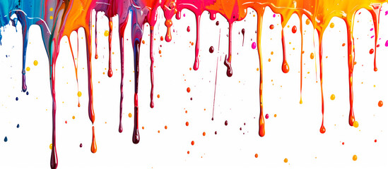 Vibrant paint drips in a spectrum of colors, perfect for creative and artistic backgrounds.