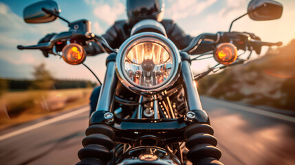 Motorcycle ride front perspective, on road, adventure biking. - obrazy, fototapety, plakaty