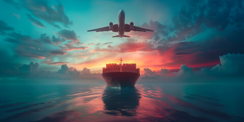 Airplane flying over a cargo ship at sunset, symbolizing global logistics, transport, and supply chain. - obrazy, fototapety, plakaty
