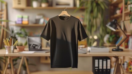 Fototapeta na wymiar Blank Black T-Shirt Mockup in a Creative Workspace, Ideal for Branding and Fashion Design Showcases