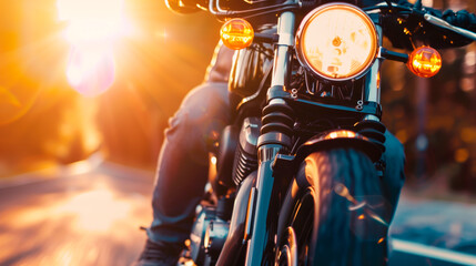 Motorcycle on road at sunset, biker lifestyle, golden hour ride. - obrazy, fototapety, plakaty