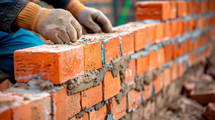 Close-up of hands laying bricks, construction site, skilled labor. - obrazy, fototapety, plakaty