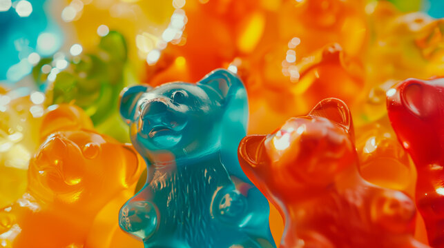Close up of colorful gummy bears with a vibrant glow.