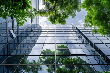 looking up at a glass building with trees in the windows - obrazy, fototapety, plakaty