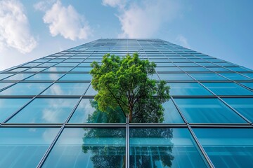 a tree growing out of a glass building - obrazy, fototapety, plakaty