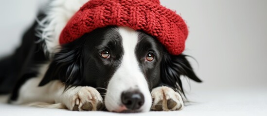 A black and white Border Collie is wearing a red knitted hat while lying down in a studio setting with a white background. The dog looks comfortable and cute in the vibrant accessory.