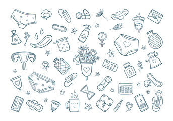Set of menstruation period icons in doodle. Feminine hygiene products, menstrual protection elements. Tampons, womb, cup, reusable pads and panties, pill. Isolated vector outline sketch illustration