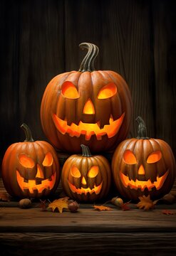 Four Halloween pumpkins glow on a black background