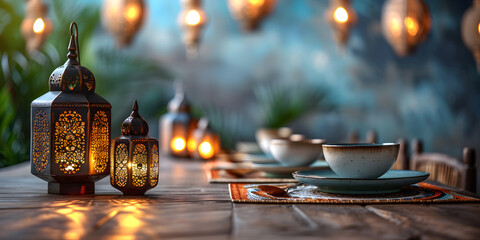 Ornamental Arabic lantern Plate with date fruit on the table Ramadan Kareem. Iftar dinner background. - obrazy, fototapety, plakaty