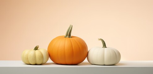 White and orange pumpkin on a white table against a peach background