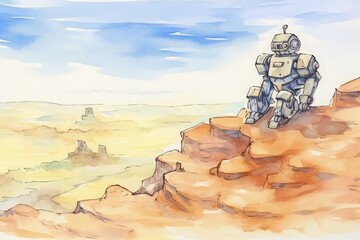 Ancient robot surveying a vast desert landscape shot from a high angle patelcolorwatercolorminimalanime