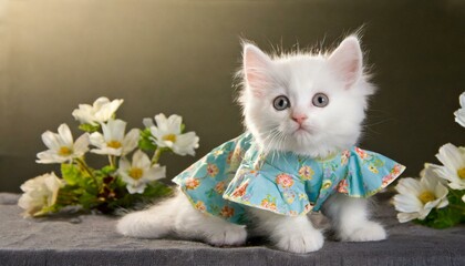 Adorable white kitty dressed up. Lovely baby cat in dress.