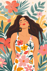 Obraz na płótnie Canvas Embracing body positivity and self-love: a plus-size woman in a floral dress against a multi-colored natural background is pleased with herself and enjoys life.