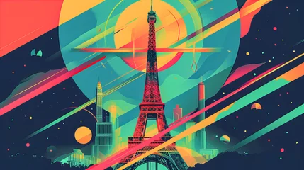 Foto op Canvas Enchanting Eiffel: Artistic Illustration of the Eiffel Tower, a Unique Composition with Vibrant Colors, Symbolizing Olympic Spirit in France © Raul