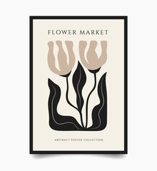 Abstract floral poster template. Modern trendy Matisse minimal style. Contemporary botanical dark background. Hand drawn design for wallpaper, wall decor, print, postcard, cover, banner.