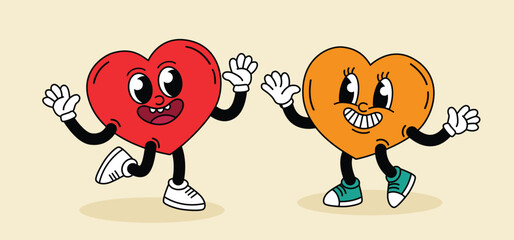 Fun hearts in groove style.Retro character.Cartoon vector illustration, print