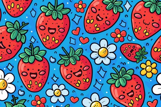 a pattern of strawberries and flowers