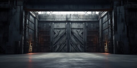 Heavy steel doors opening. Large steel doors of an hanger like building opening and light coming in.