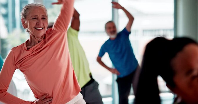 Exercise, stretching and senior people in yoga class for fitness, training and cardio workout in gym. Sports, retirement and elderly men and women with equipment for wellness, pilates and health club