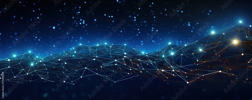 Poster Concept of AI technology, Motion of digital data flow. Communication and technology network concept map with moving lines and dots.