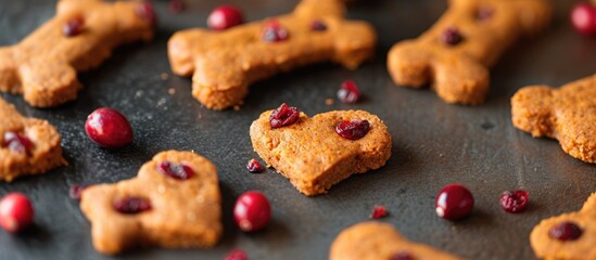A detailed close-up view of a cookie adorned with plump cranberries, showcasing its texture and ingredients. The cookie appears freshly baked and inviting.