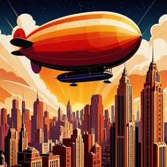 Fototapeta na wymiar Blimp floating over city, retro art deco vintage illustration