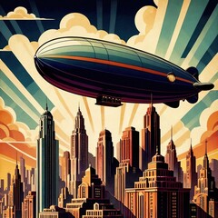 Blimp floating over city, retro art deco vintage illustration - obrazy, fototapety, plakaty