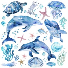 Fototapeta premium Underwater Watercolor Wonderland: A vibrant collection of marine life painted in delicate watercolors. Explore the depths with playful dolphins, graceful whales, wise sea turtles, and shimmering jelly