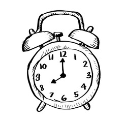 Hand drawn alarm clock icon. Vector illustration of an alarm clock.