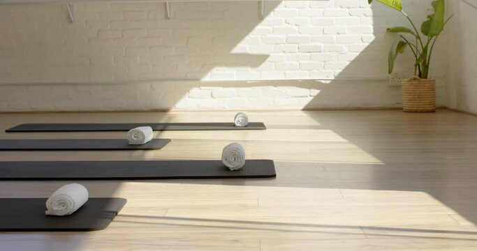 Sunlight bathes a serene yoga studio with rolled mats on the wooden floor, with copy space