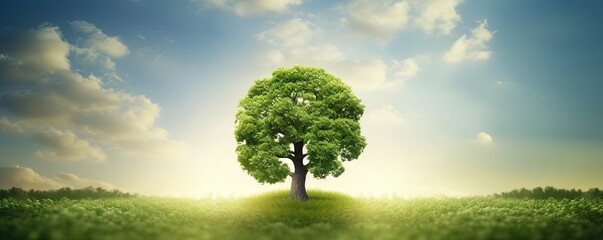 CO2 reducing icon with tree on greenery background for decrease CO2 , carbon footprint and carbon credit to limit global warming from climate change, Bio Circular Green Economy concept - obrazy, fototapety, plakaty