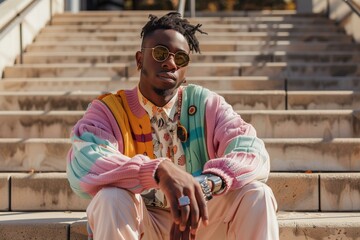 young black man wearing a retro style jumper and shirt in pastel colors,grandpacore, sitting on university campus steps
