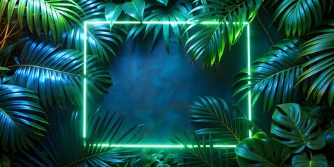 Fototapeta na wymiar abstract green tropical leaves and neon lights on background neon frame with palm leaf and glowing neon lights